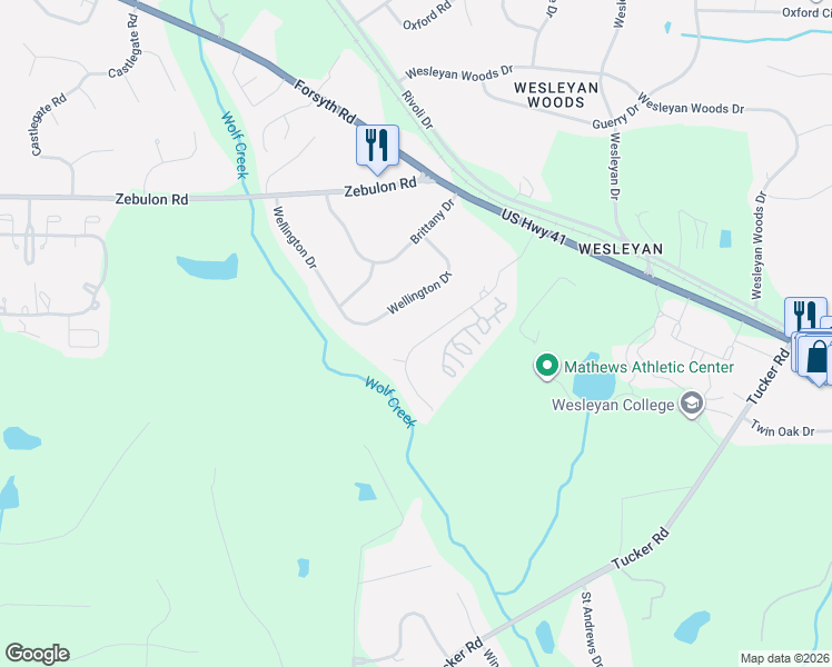 map of restaurants, bars, coffee shops, grocery stores, and more near 129 Covington Drive in Macon