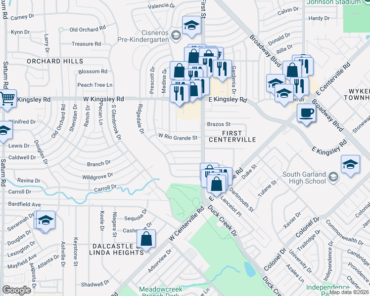 map of restaurants, bars, coffee shops, grocery stores, and more near 208 West Rio Grande Street in Garland