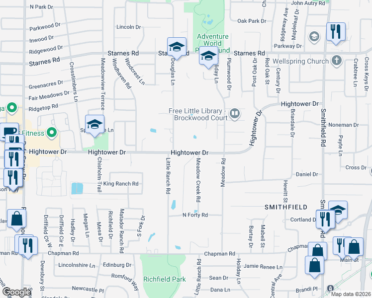 map of restaurants, bars, coffee shops, grocery stores, and more near 7405 Hightower Drive in Fort Worth