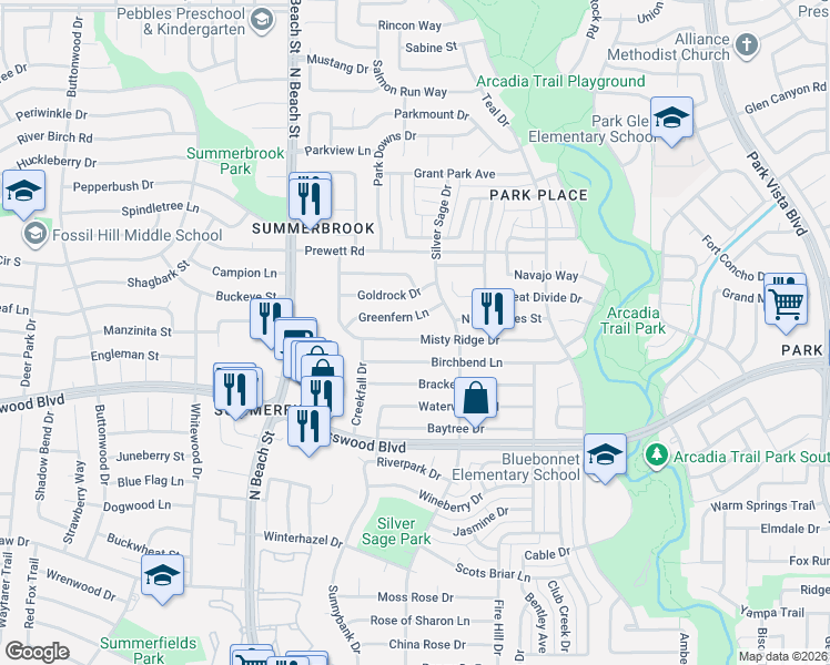 map of restaurants, bars, coffee shops, grocery stores, and more near 4644 Greenfern Lane in Fort Worth
