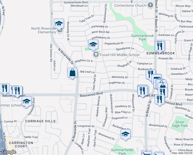 map of restaurants, bars, coffee shops, grocery stores, and more near 3904 Big Leaf Lane in Fort Worth