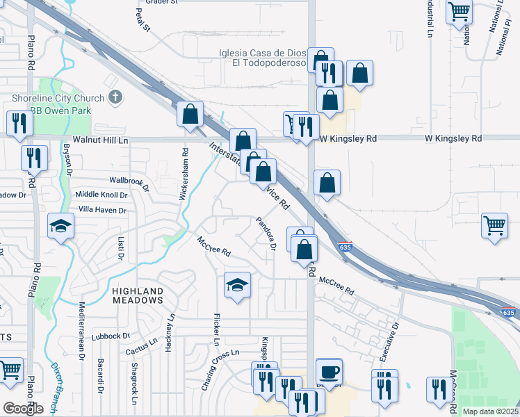 map of restaurants, bars, coffee shops, grocery stores, and more near 11325 Pegasus Street in Dallas