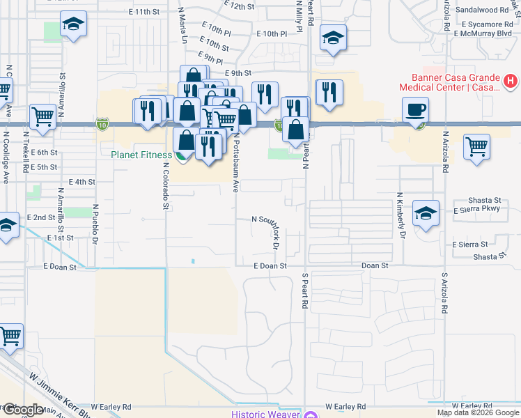 map of restaurants, bars, coffee shops, grocery stores, and more near 340 North Pottebaum Road in Casa Grande