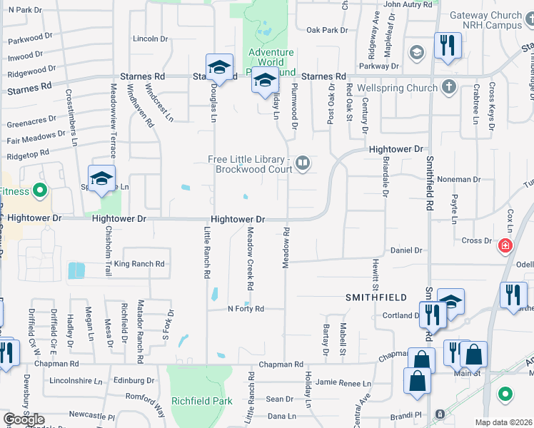map of restaurants, bars, coffee shops, grocery stores, and more near 7421 Hightower Drive in North Richland Hills