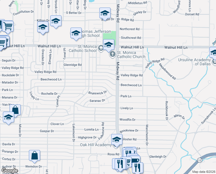 map of restaurants, bars, coffee shops, grocery stores, and more near 4163 Park Lane in Dallas