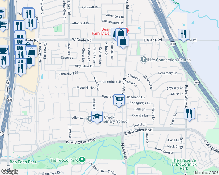 map of restaurants, bars, coffee shops, grocery stores, and more near 2614 Sprucewood Lane in Euless
