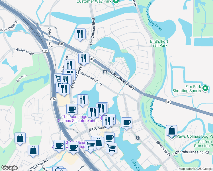 map of restaurants, bars, coffee shops, grocery stores, and more near 515 Promenade Parkway in Irving