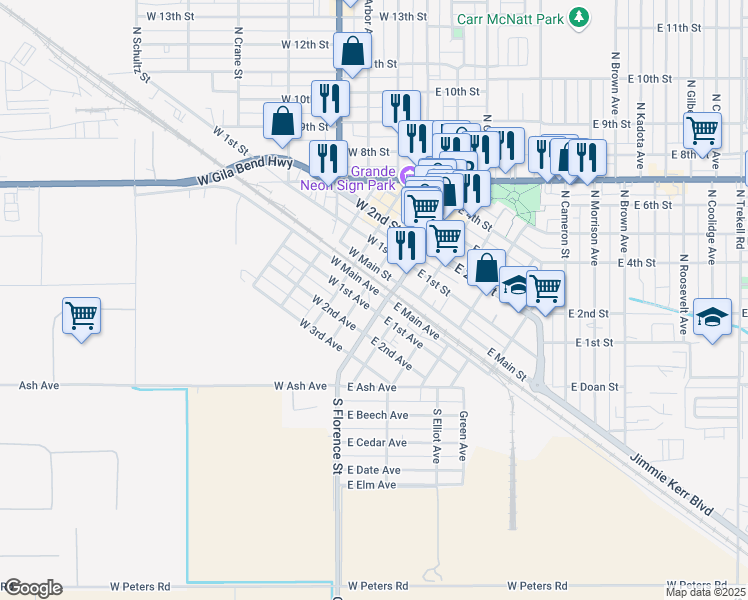 map of restaurants, bars, coffee shops, grocery stores, and more near 107 West Main Avenue in Casa Grande