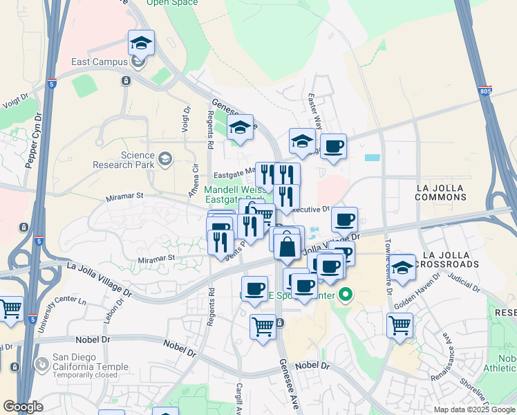 map of restaurants, bars, coffee shops, grocery stores, and more near 4275 Executive Drive in San Diego