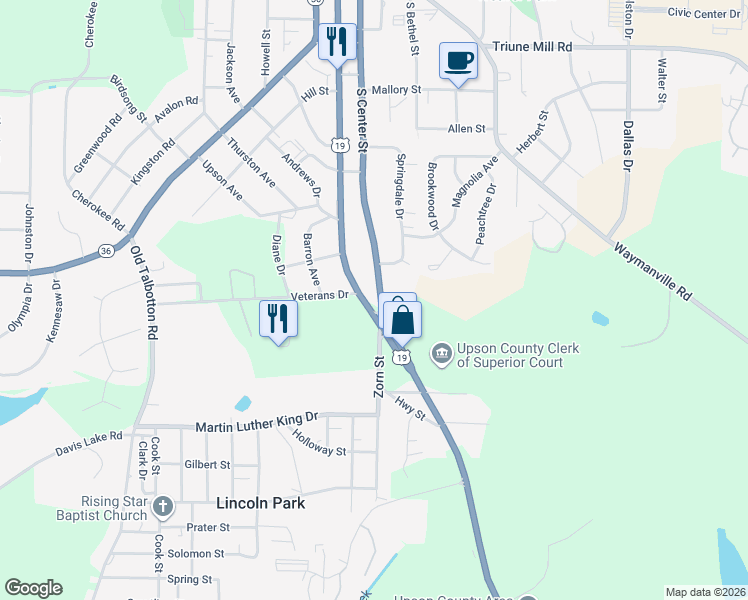 map of restaurants, bars, coffee shops, grocery stores, and more near 754 South Church Street in Thomaston