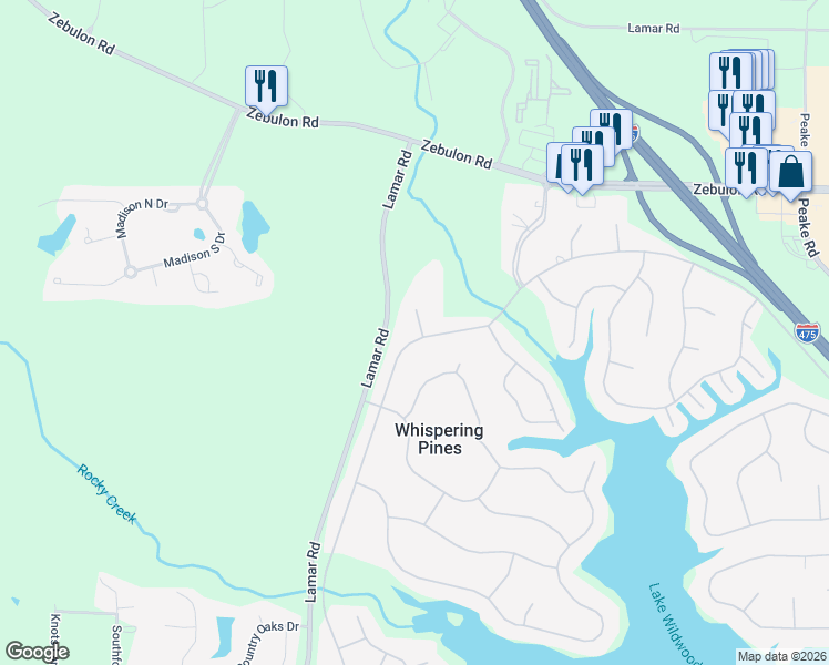 map of restaurants, bars, coffee shops, grocery stores, and more near 1315 Monterey Court in Macon