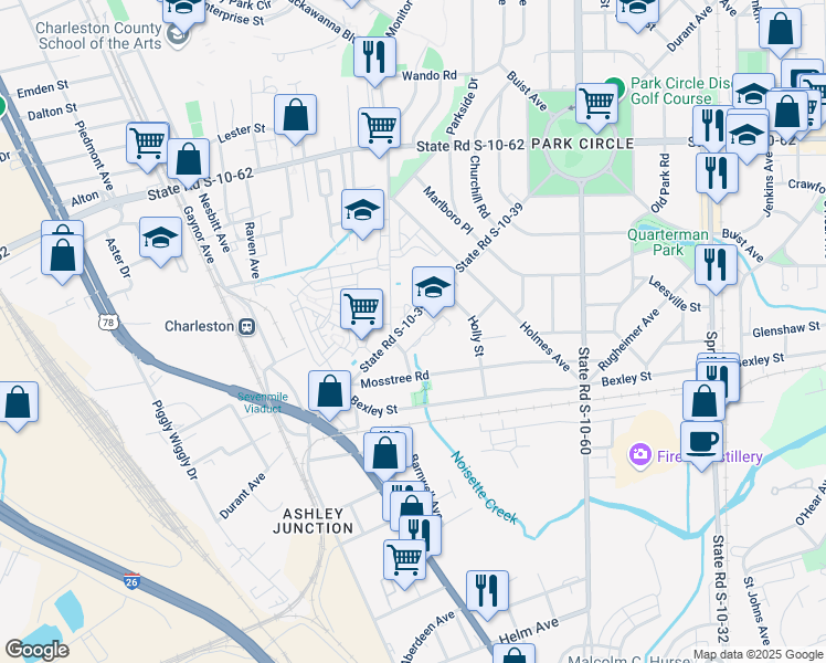 map of restaurants, bars, coffee shops, grocery stores, and more near 4520 Durant Avenue in North Charleston