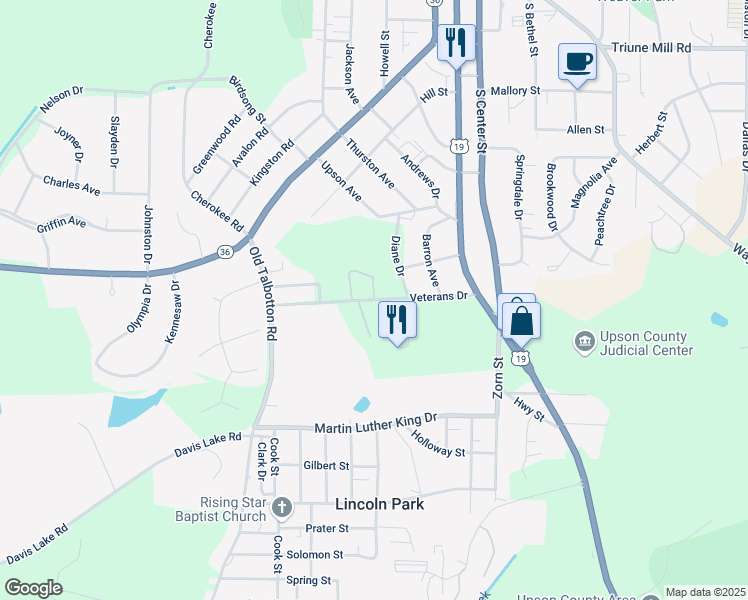 map of restaurants, bars, coffee shops, grocery stores, and more near 300 Veterans Drive in Thomaston