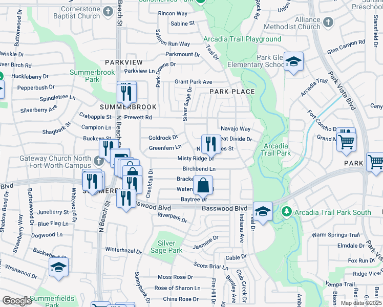 map of restaurants, bars, coffee shops, grocery stores, and more near 4665 Misty Ridge Drive in Fort Worth