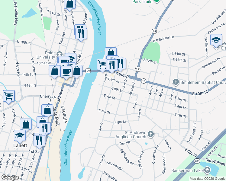 map of restaurants, bars, coffee shops, grocery stores, and more near 300 East 8th Street in West Point