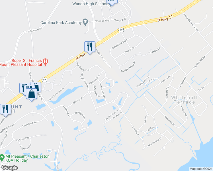 map of restaurants, bars, coffee shops, grocery stores, and more near 1257 Old Course Lane in Mount Pleasant