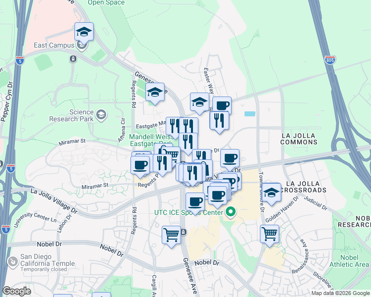 map of restaurants, bars, coffee shops, grocery stores, and more near 4126 Executive Drive in San Diego