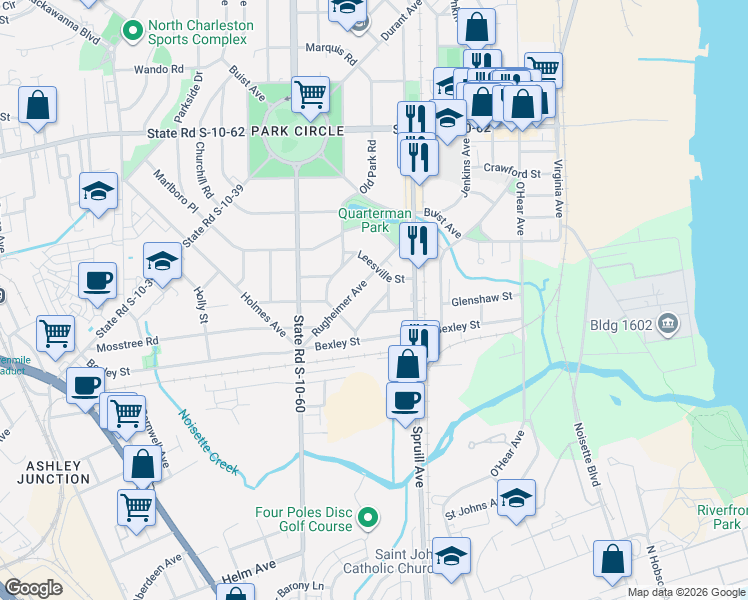 map of restaurants, bars, coffee shops, grocery stores, and more near 4421 Lambert Street in North Charleston
