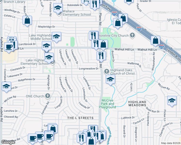 map of restaurants, bars, coffee shops, grocery stores, and more near 10630 Longmeadow Drive in Dallas