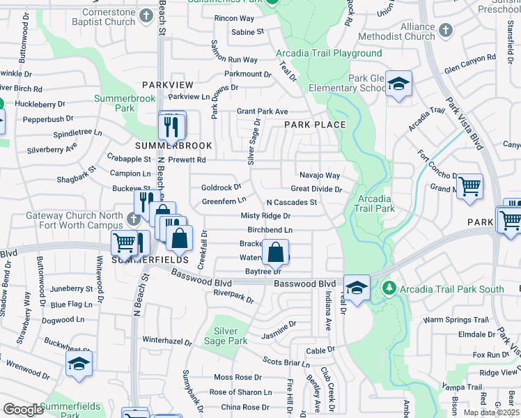 map of restaurants, bars, coffee shops, grocery stores, and more near 4665 Misty Ridge Drive in Fort Worth