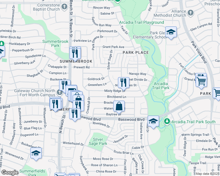 map of restaurants, bars, coffee shops, grocery stores, and more near 4665 Misty Ridge Drive in Fort Worth