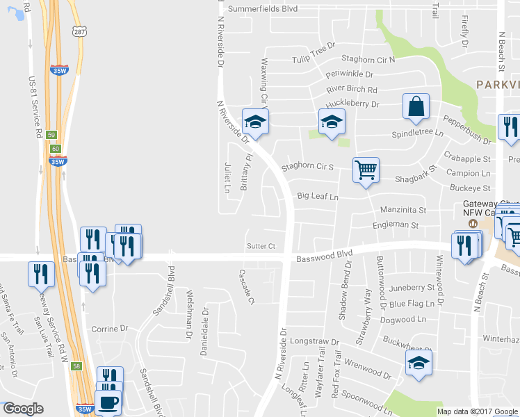 map of restaurants, bars, coffee shops, grocery stores, and more near 3601 Crosswicks Court in Fort Worth