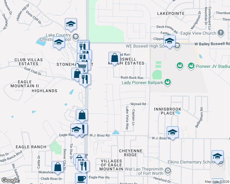 map of restaurants, bars, coffee shops, grocery stores, and more near 8005 Boat Wind Road in Fort Worth