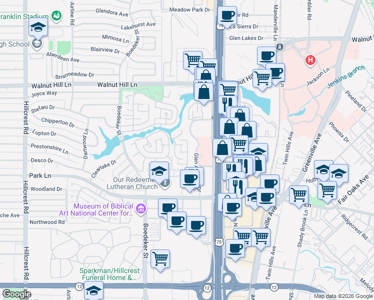 map of restaurants, bars, coffee shops, grocery stores, and more near 7 Glenkirk Court in Dallas