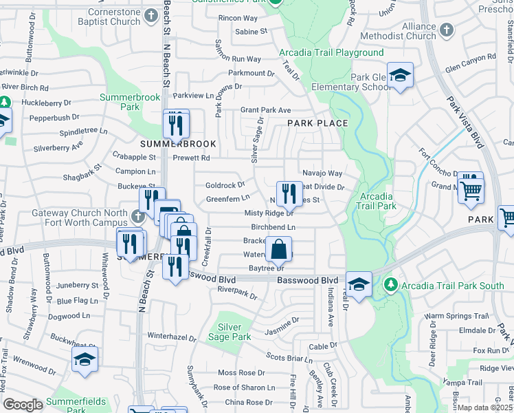 map of restaurants, bars, coffee shops, grocery stores, and more near 4669 Misty Ridge Drive in Fort Worth