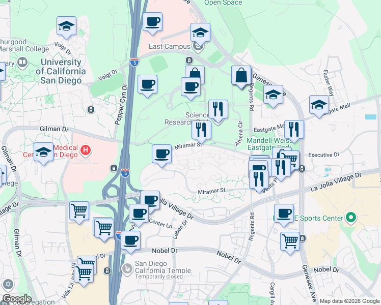 map of restaurants, bars, coffee shops, grocery stores, and more near 3819 La Jolla Village Drive in San Diego