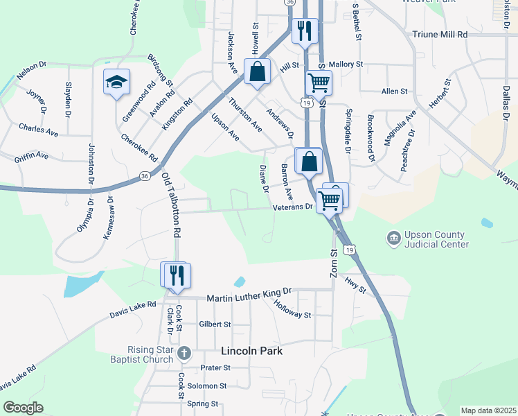 map of restaurants, bars, coffee shops, grocery stores, and more near 300 Veterans Drive in Thomaston