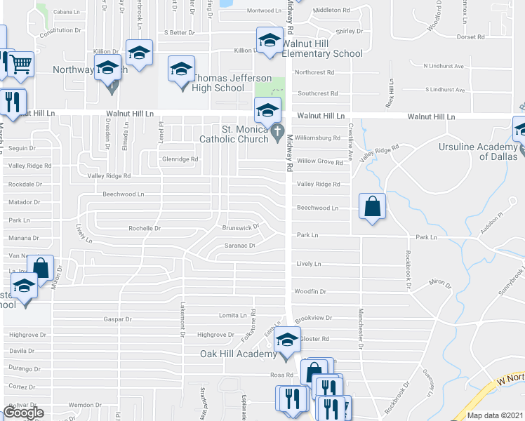 map of restaurants, bars, coffee shops, grocery stores, and more near 4163 Park Lane in Dallas