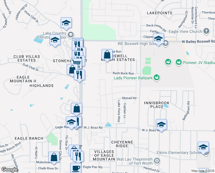 map of restaurants, bars, coffee shops, grocery stores, and more near 8005 Boat Wind Road in Fort Worth