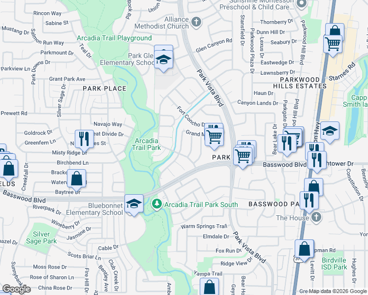map of restaurants, bars, coffee shops, grocery stores, and more near 7509 Los Padres Trail in Fort Worth