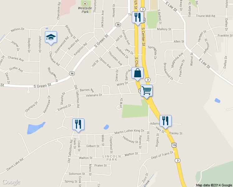 map of restaurants, bars, coffee shops, grocery stores, and more near 300 Veterans Drive in Thomaston