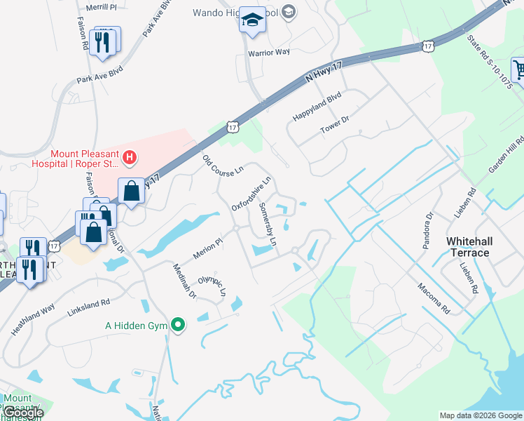 map of restaurants, bars, coffee shops, grocery stores, and more near 1338 Somersby Lane in Mount Pleasant