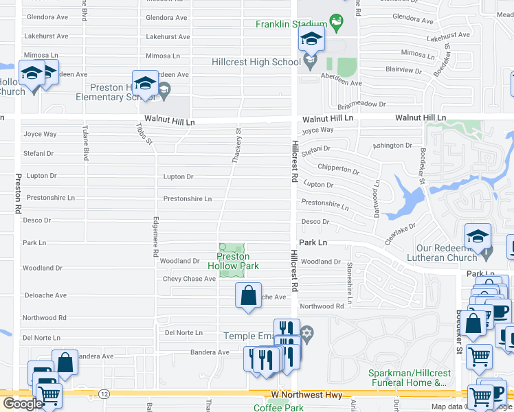 map of restaurants, bars, coffee shops, grocery stores, and more near 6746 Prestonshire Lane in Dallas