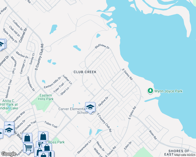 map of restaurants, bars, coffee shops, grocery stores, and more near 3418 Windridge Drive in Garland