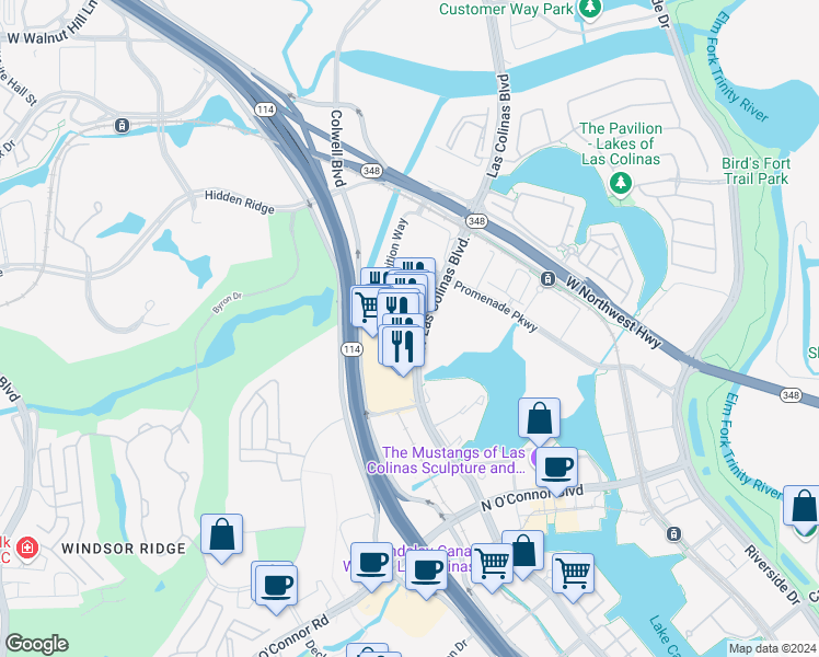 map of restaurants, bars, coffee shops, grocery stores, and more near 350 West Las Colinas Boulevard in Irving