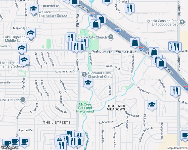 map of restaurants, bars, coffee shops, grocery stores, and more near 10809 Villa Haven Drive in Dallas