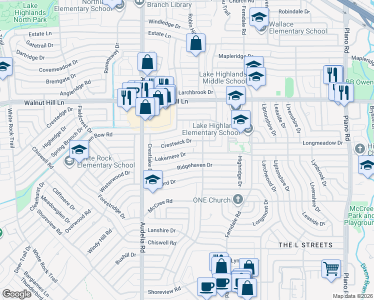 map of restaurants, bars, coffee shops, grocery stores, and more near 9925 Lakemere Drive in Dallas