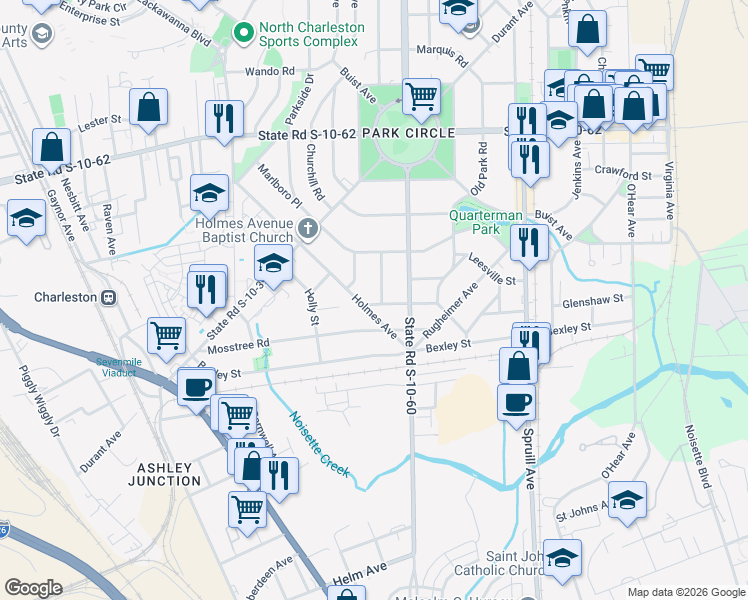 map of restaurants, bars, coffee shops, grocery stores, and more near 4502 Overbrook Avenue in North Charleston