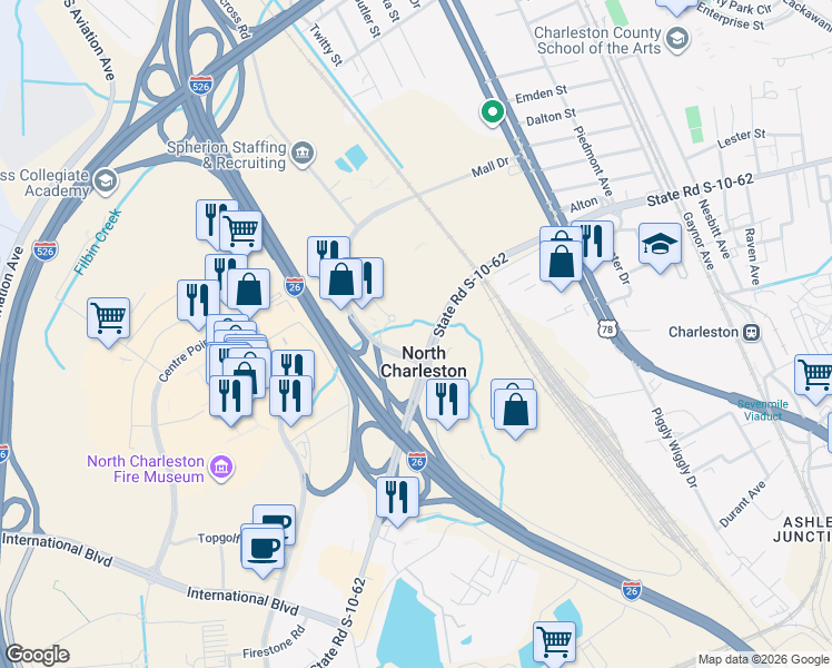 map of restaurants, bars, coffee shops, grocery stores, and more near 2424 City Hall Lane in North Charleston