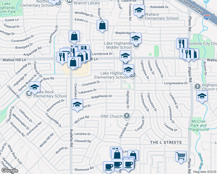 map of restaurants, bars, coffee shops, grocery stores, and more near 10005 Lakemere Drive in Dallas