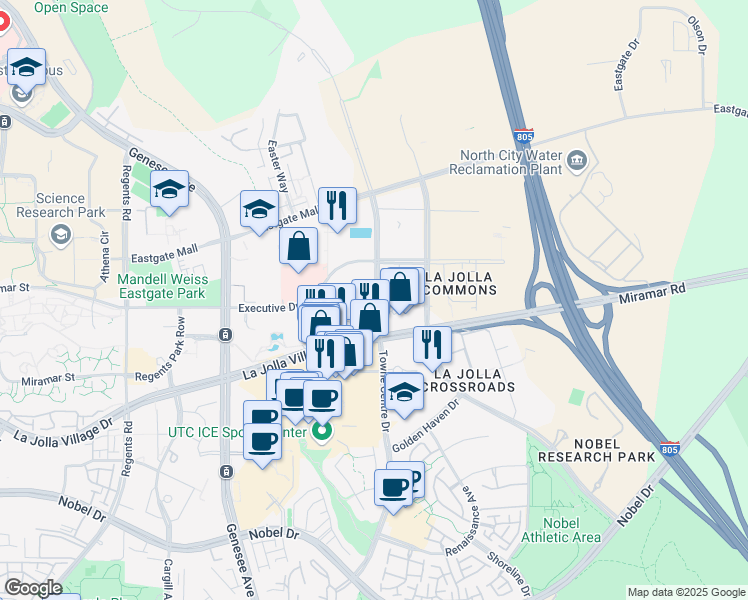 map of restaurants, bars, coffee shops, grocery stores, and more near 9255 Towne Centre Drive in San Diego