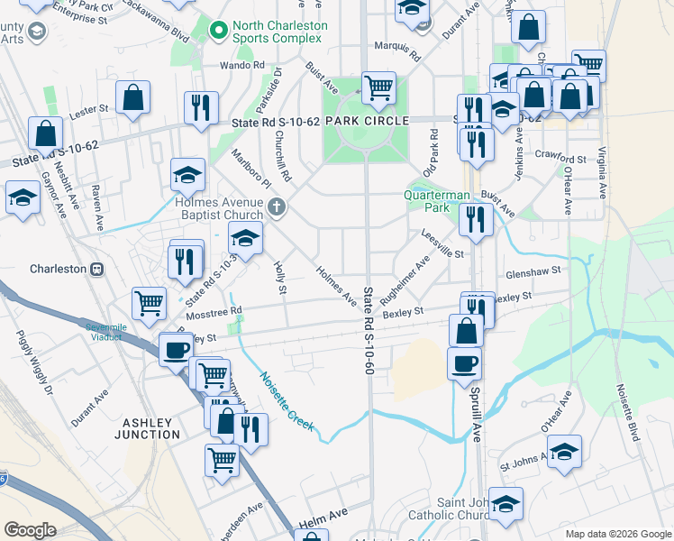 map of restaurants, bars, coffee shops, grocery stores, and more near 4502 Overbrook Avenue in North Charleston