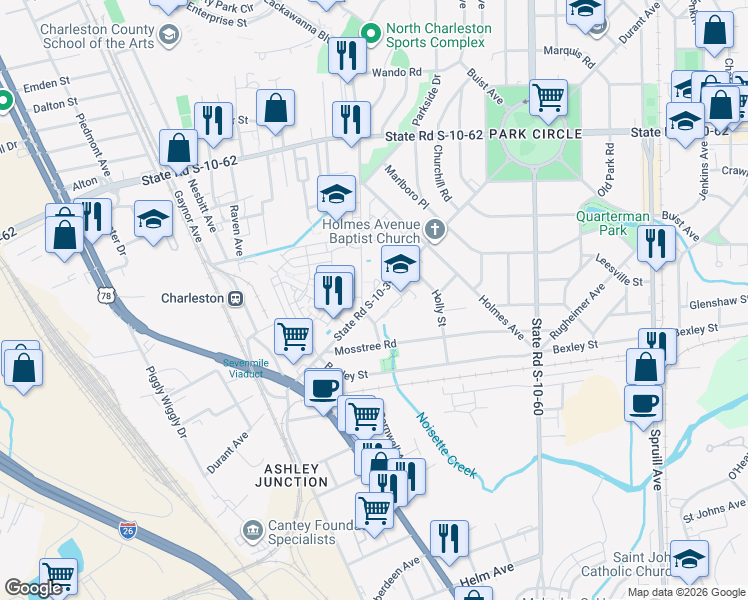 map of restaurants, bars, coffee shops, grocery stores, and more near 4520 Durant Avenue in North Charleston