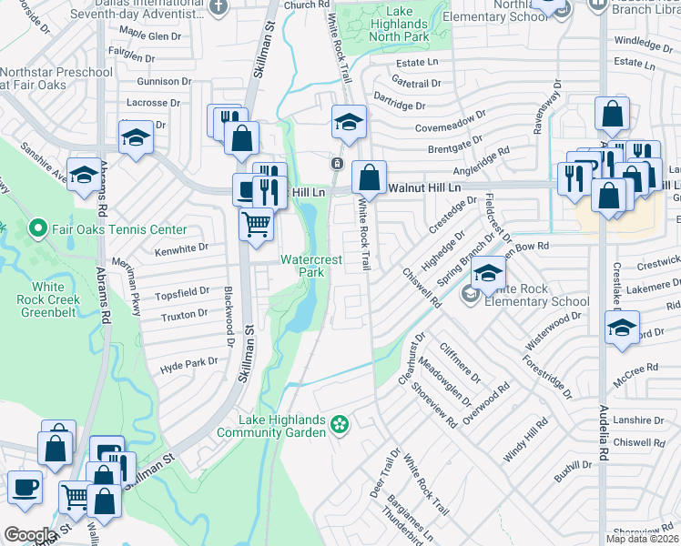 map of restaurants, bars, coffee shops, grocery stores, and more near 9525 White Rock Trail in Dallas