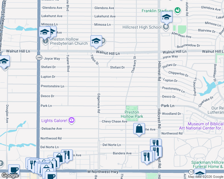 map of restaurants, bars, coffee shops, grocery stores, and more near 6446 Prestonshire Lane in Dallas