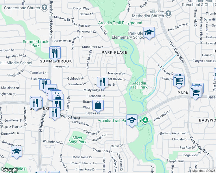 map of restaurants, bars, coffee shops, grocery stores, and more near 4752 North Cascades Street in Fort Worth